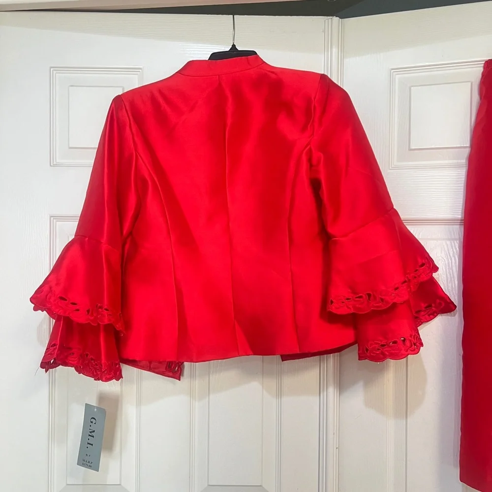 GMI 3 piece red  floral embroidered skirt suit church formal wedding 10‎ chic